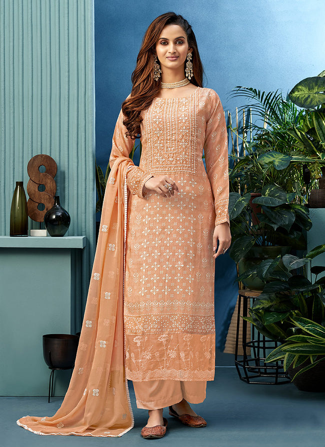 Orange Cotton Light Colored Chiffon Embroidered Semi Stitched Salwar Suit  at Rs 1494.02 in Ahmedabad